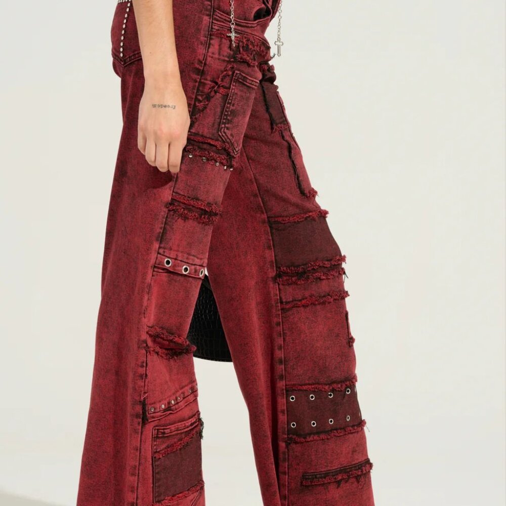 Y2K Red Distressed Wide Leg Cargo Denim Pants Grunge Size L - Picture 2 of 6